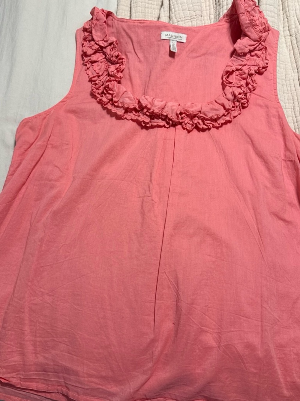 Madison Coral Pink Ruffle Scoop Neck Tank